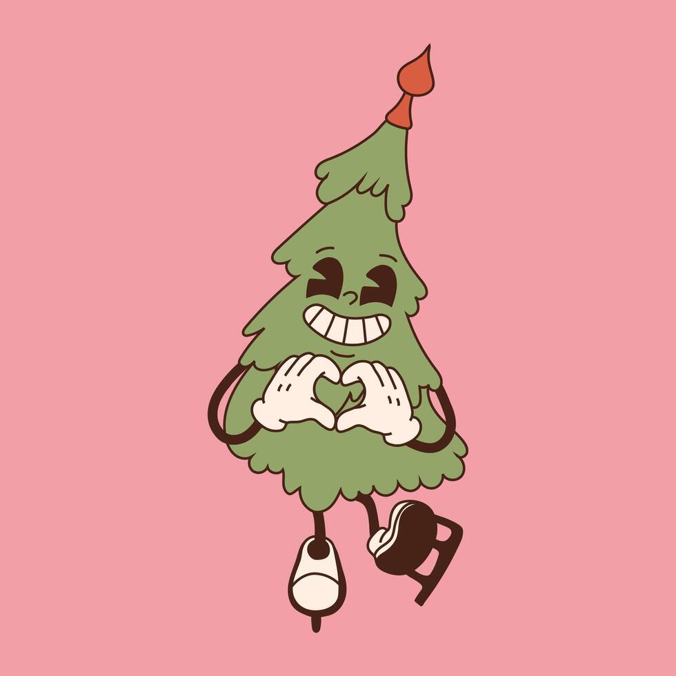 Retro Christmas tree character. 40s, 50s, 60s old animation style. Christmas mascot vector