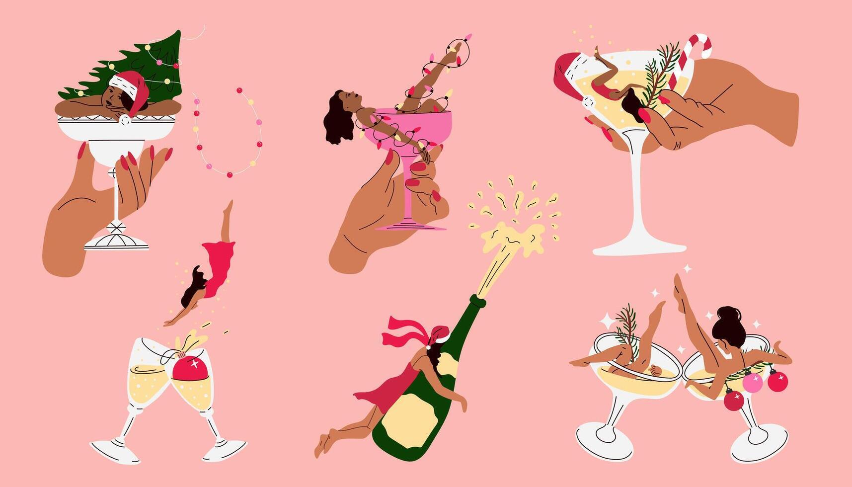 Set of women is sitting in a martini glass. Happy new years vector