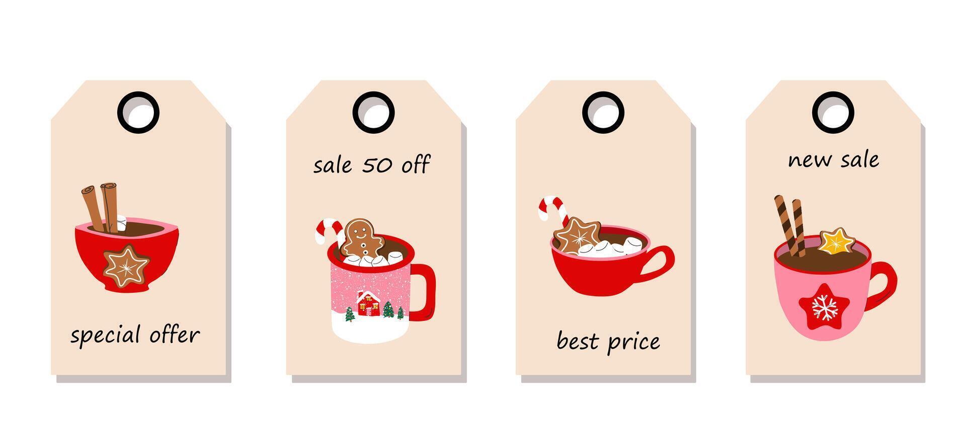 Set of discount price tags. Labels with cute holiday mug with a flat cartoon style, featuring a Christmas hot drink. Template for shopping tags. Christmas sale. vector