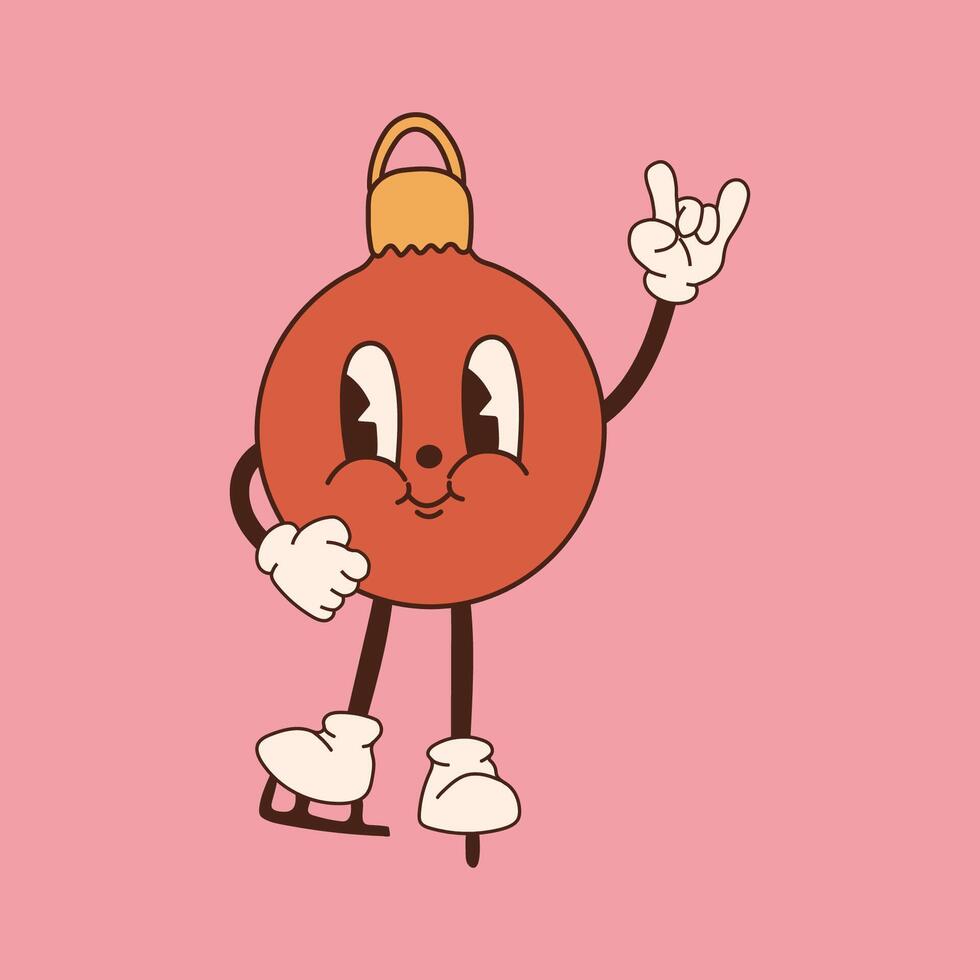 Retro christmas ball character. 40s, 50s, 60s old animation style in skates. Christmas mascot vector