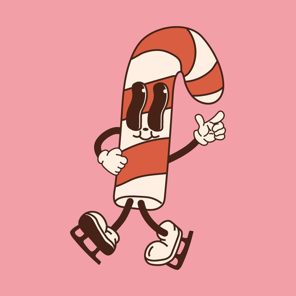 Retro candy character. 40s, 50s, 60s old animation style in skates. Christmas mascot vector