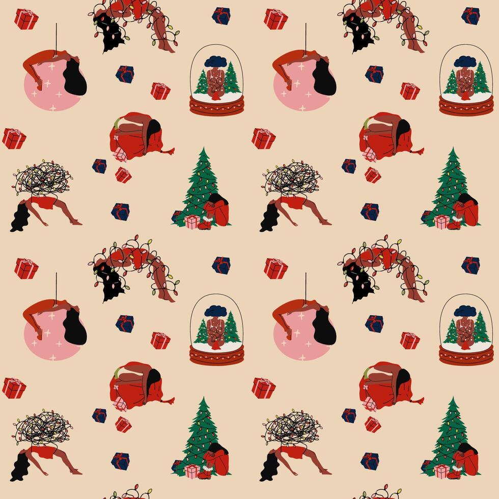 Seamless pattern with person experiences sadness and unhappiness during the Christmas holidays. Psychology concept vector