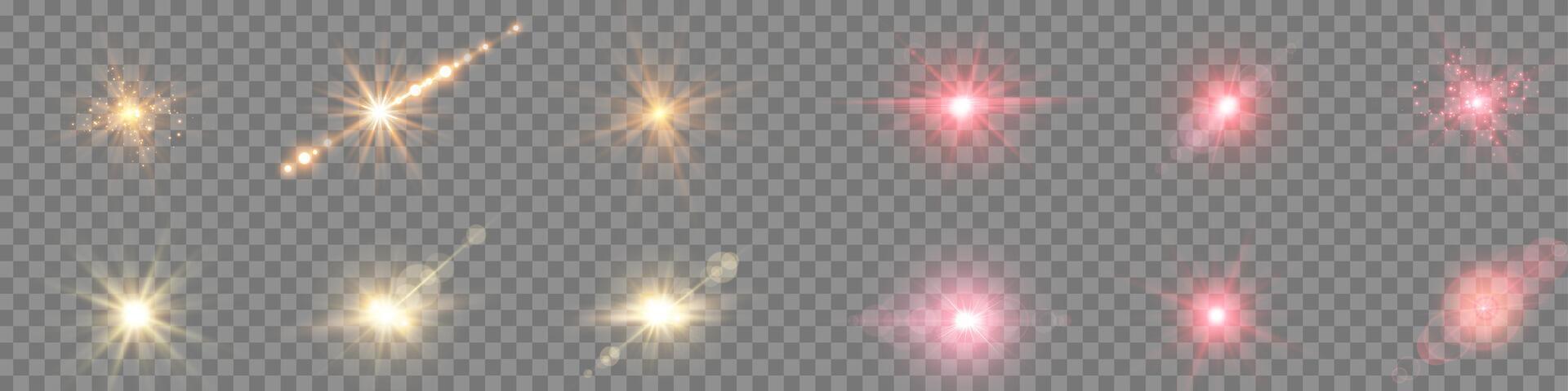 Red and gold lens flares set. Sun flash with rays or spotlight and bokeh. vector