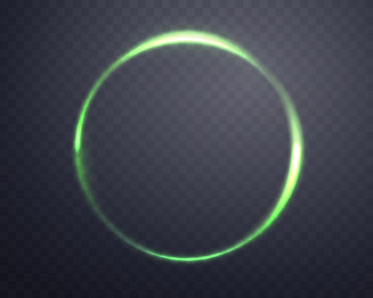 Green glowing magic ring. Neon realistic energy flare halo ring. Abstract light effect vector