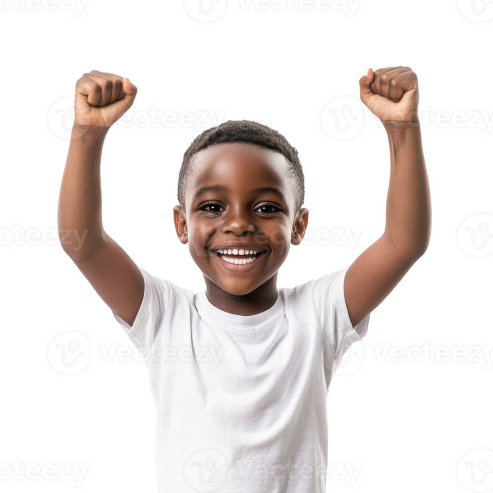 Cheerful Boy Celebrating with Raised Hands - Perfect for Kids' Events or Happiness Themes on transparent background png