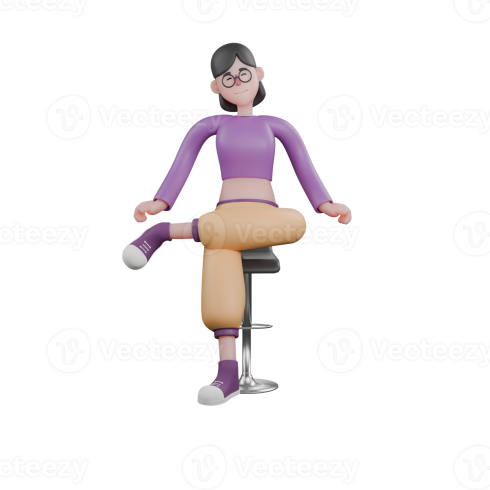 Cartoon Dance Performer 3D Model. A female dancer sits on a chair with one leg crossed over the other, eyes closed with a smiling expression. Animated Talent png