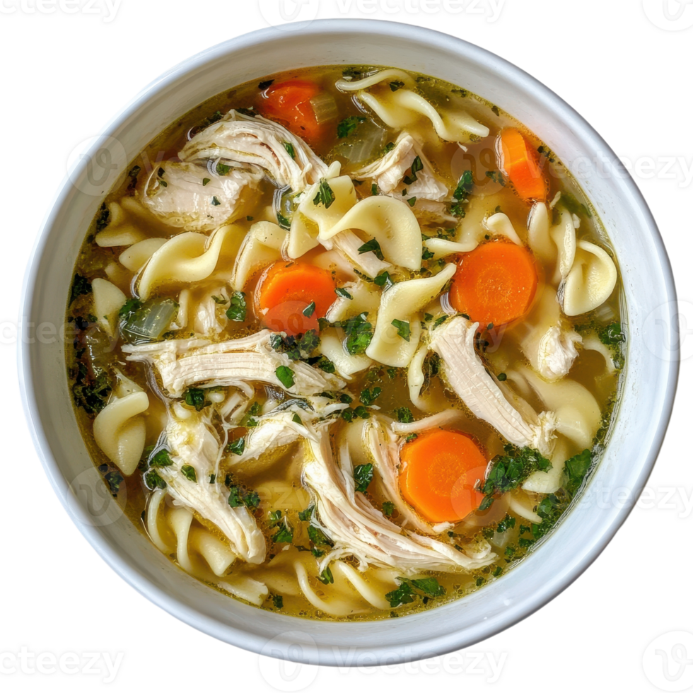 Delicious Leftover Chicken Noodle Soup in a White Ceramic Bowl on transparent background png