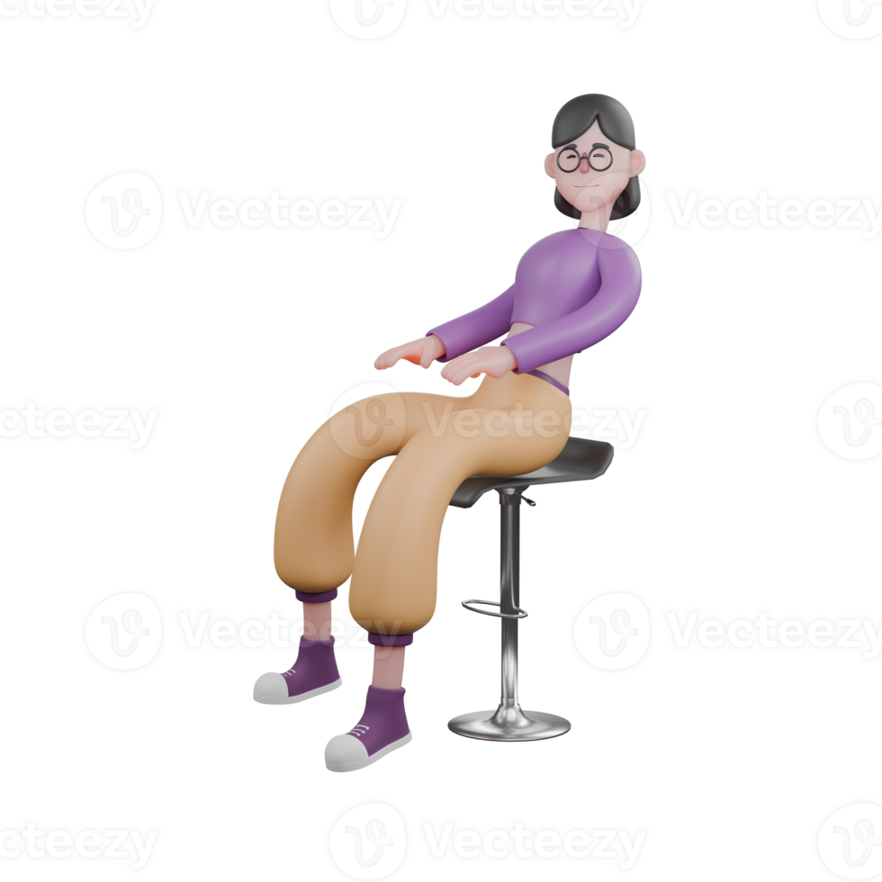 Dance Performer in 3D Cartoon Style. A female dancer sits on a chair with her arms above her thighs, eyes closed with a relaxed expression. Performer Model png