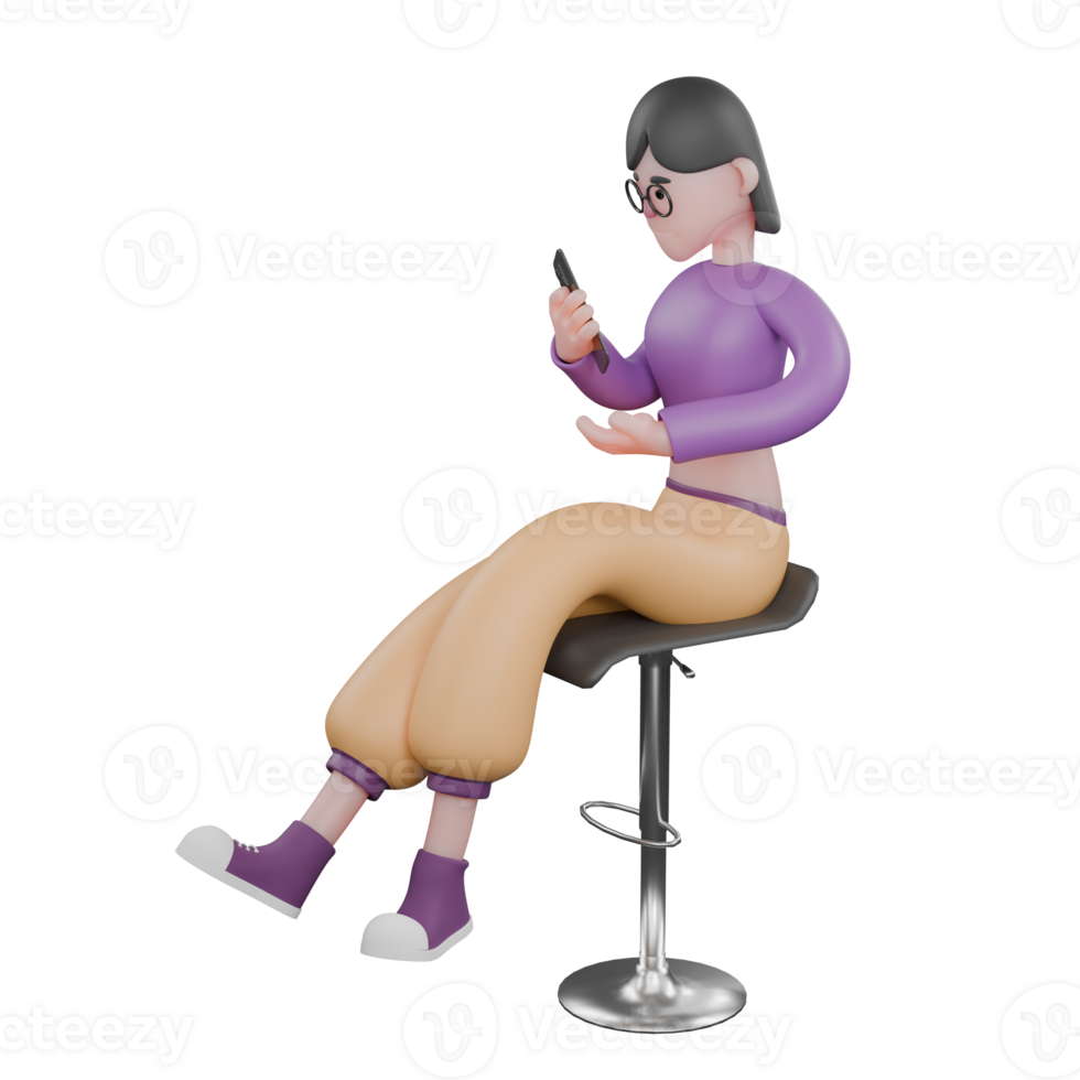 Cartoon Dance Performer Character in 3D. A female dancer sits holding a cellphone in her left hand with a serious expression. Creative Talent png