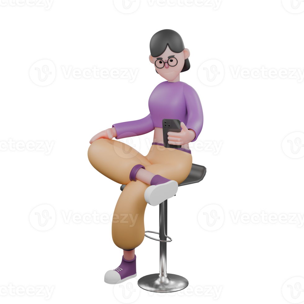 3D Dance Performer in Cartoon Style. A female dancer sits holding a cellphone in her right hand with a focus on cellphone. Performance Model png