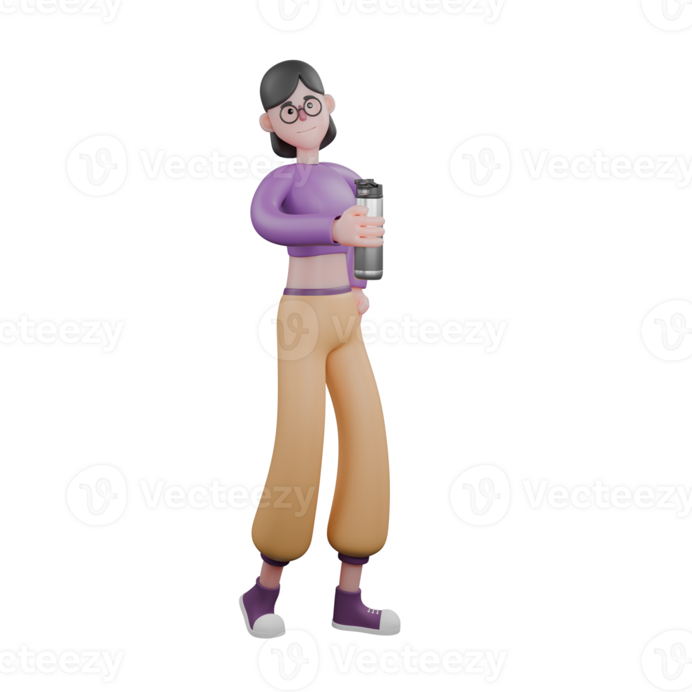 Cartoon Dance Star Performer in 3D. A female dancer walks holding a drinking bottle in her right hand with a smiling expression. Creative Design png
