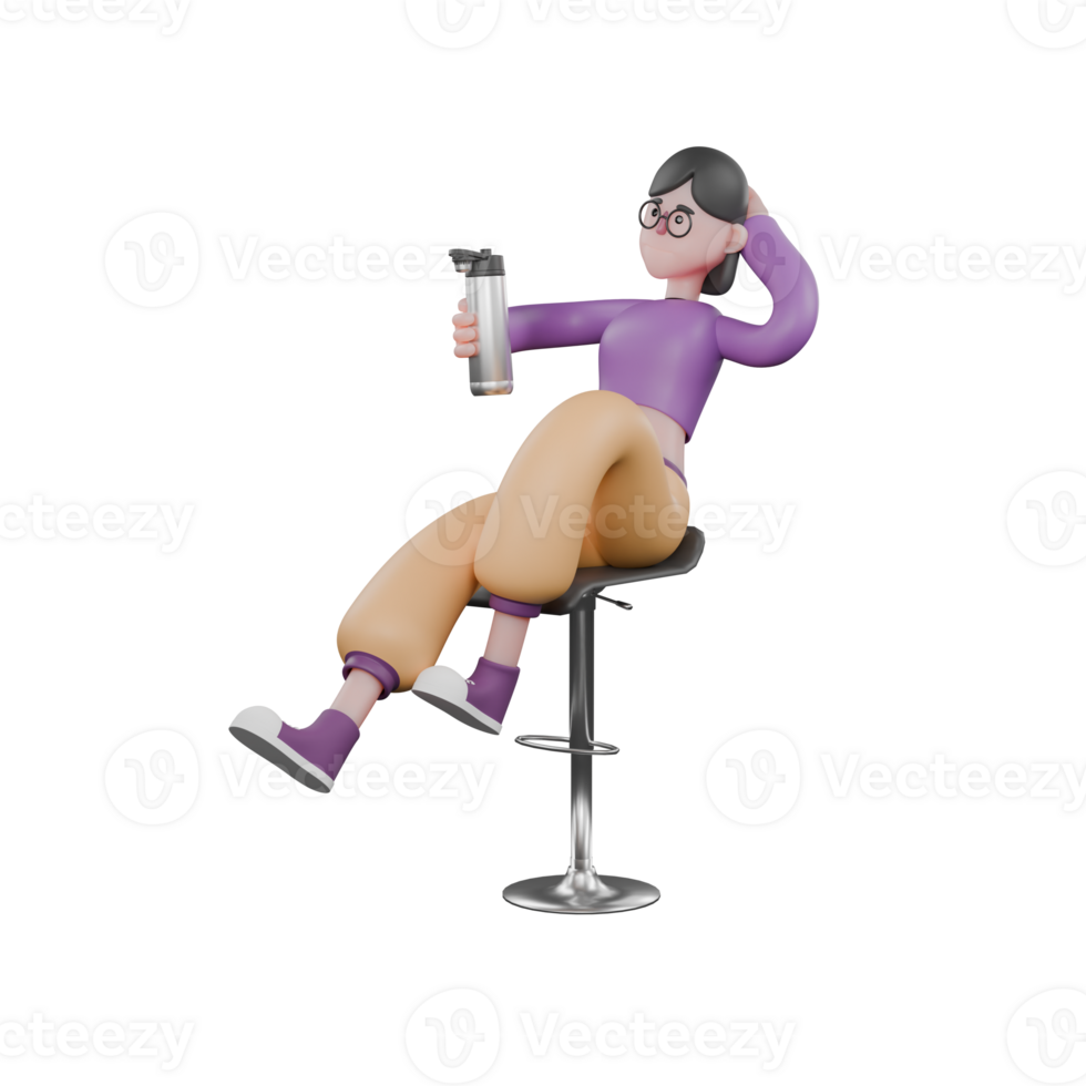 3D Character Design of Dance Performer. A female dancer sits on a chair holding a drinking bottle in her left hand and her right hand behind her head with a relaxed expression. Dance Star png