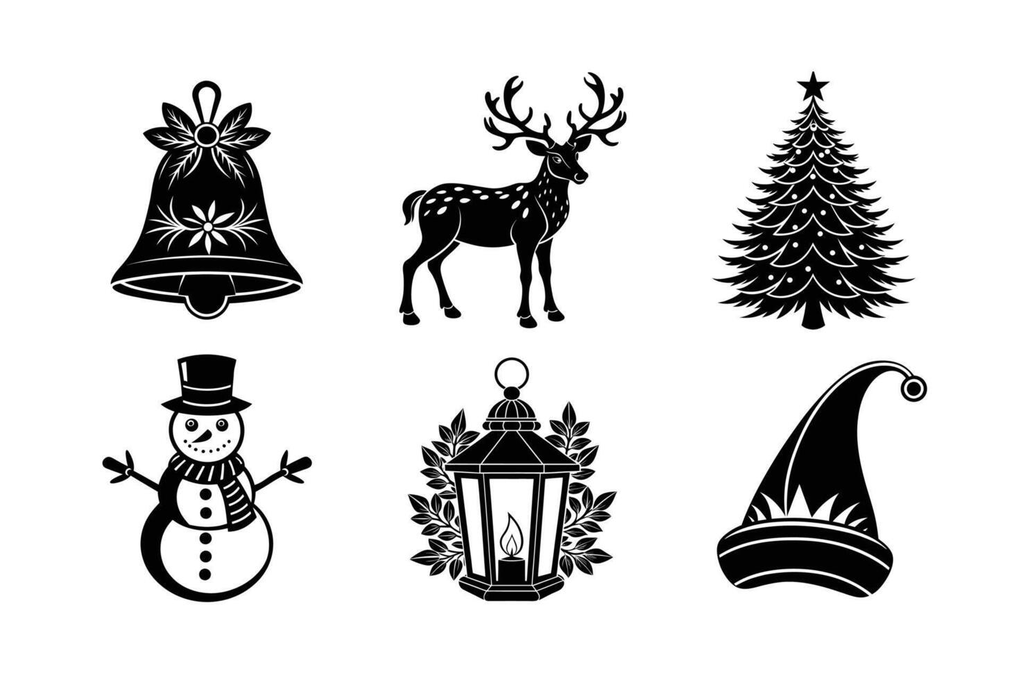 Christmas Silhouettes Bundle of Festive Bell, Reindeer, Christmas Tree, Snowman, Candle Lantern, Elf Hat vector
