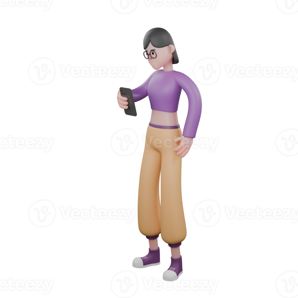 Dance Artist in 3D Cartoon Style. A female dancer stands holding a cellphone in her left hand and her right hand on her waist with an angry expression. Performance Model png