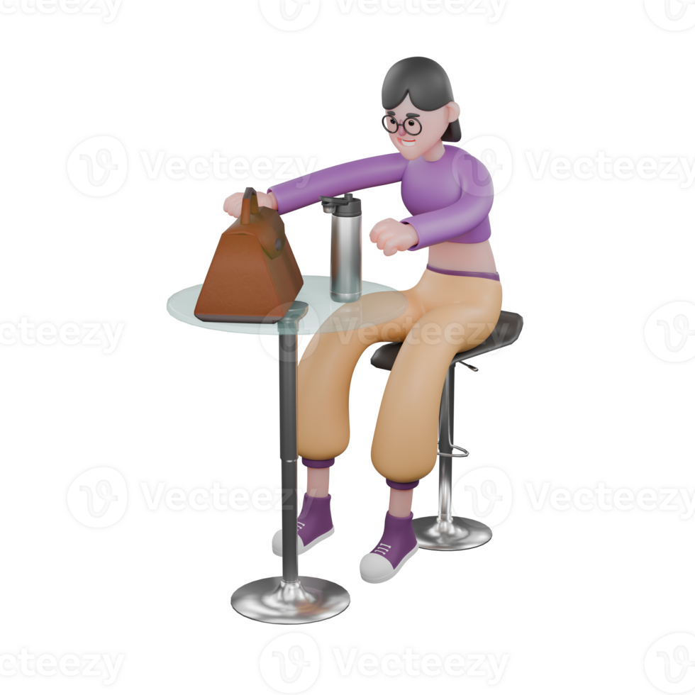 Cartoon Dance Star in 3D. A female dancer sits at a cafe table with her left hand holding a bag with a happy expression. Animated Performer png