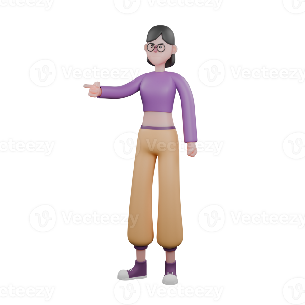 3D Model Dance Artist Character. A female dancer stands with her left hand pointing forward with an angry expression. Performer Design png