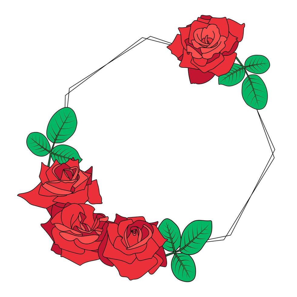 Polygon floral frame. Simple geometric shape with rose bouquet. Wide open roses and leaves. Cartoon style color layers, red, pink, green, black contour. Design element for Valentines, wedding, cards vector