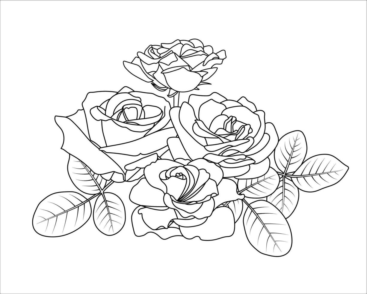 Floral Horizontal Composition. Roses, buds and leaves. Outline flowers bouquet. Botanical illustration. Design elements in contour style. Coloring book page, Valentine, decor, cards, invitations vector