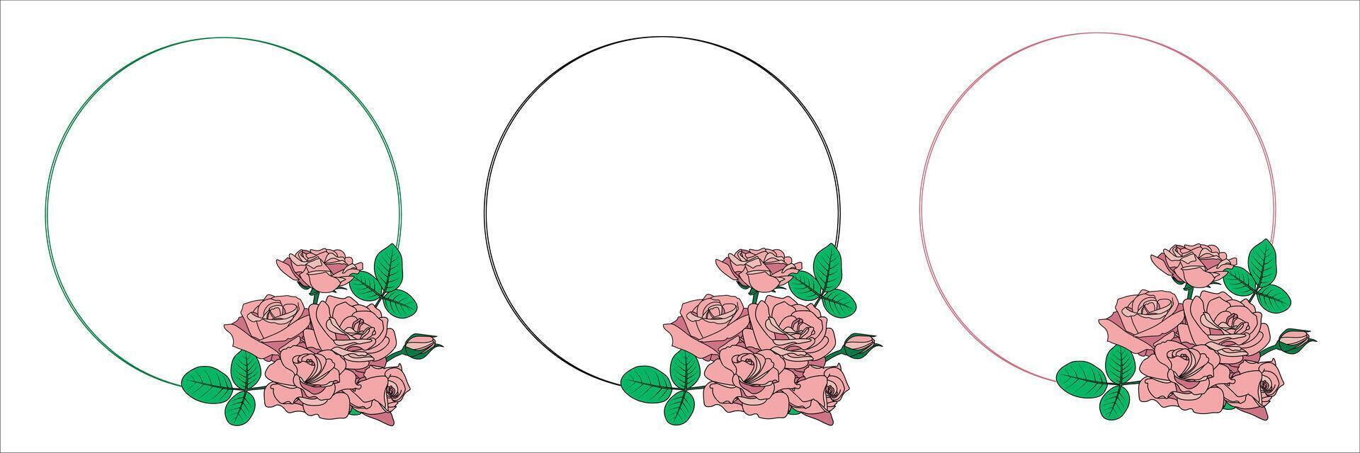 Decorative circle frames with roses and leaves. Pink, green, black lines. Cartoon simple colors floral composition. Design element for Valentine, wedding, cards, invitations, print, stickers, web vector