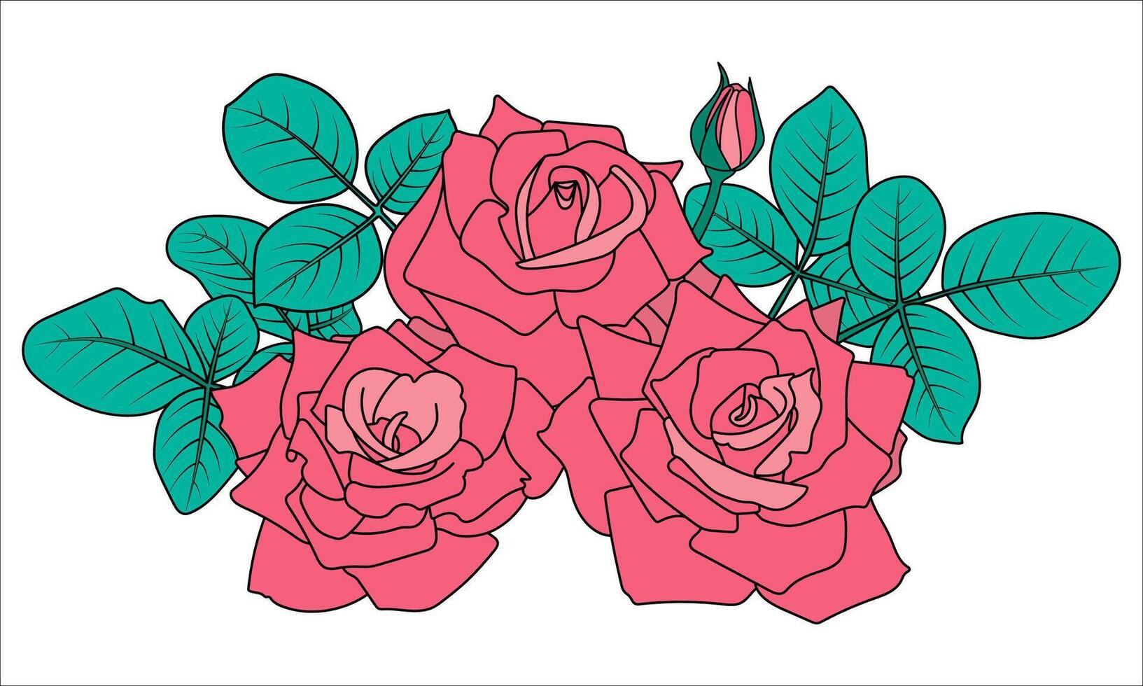Classic blooming red rose bouquet. Buds with leaves and a button. Simple colors, green and pink, black contour. Isolated design floral element. Valentine, decor, cards and invitations vector