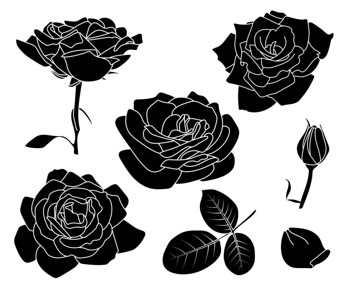Roses black contour set. Various floral shapes, design elements. Fully open, button, leaves, petal. Black line contour, isolated. Coloring book page, line art, Valentine, love, digital illustration vector