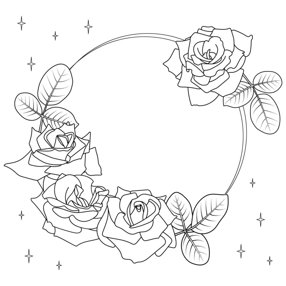 Elegant Rose Round Frame. Floral composition, flowers and leaves, a circle shape, four-pointed stars background. Black clear silhouettes on a white background. Design style for Valentine, wedding etc. vector