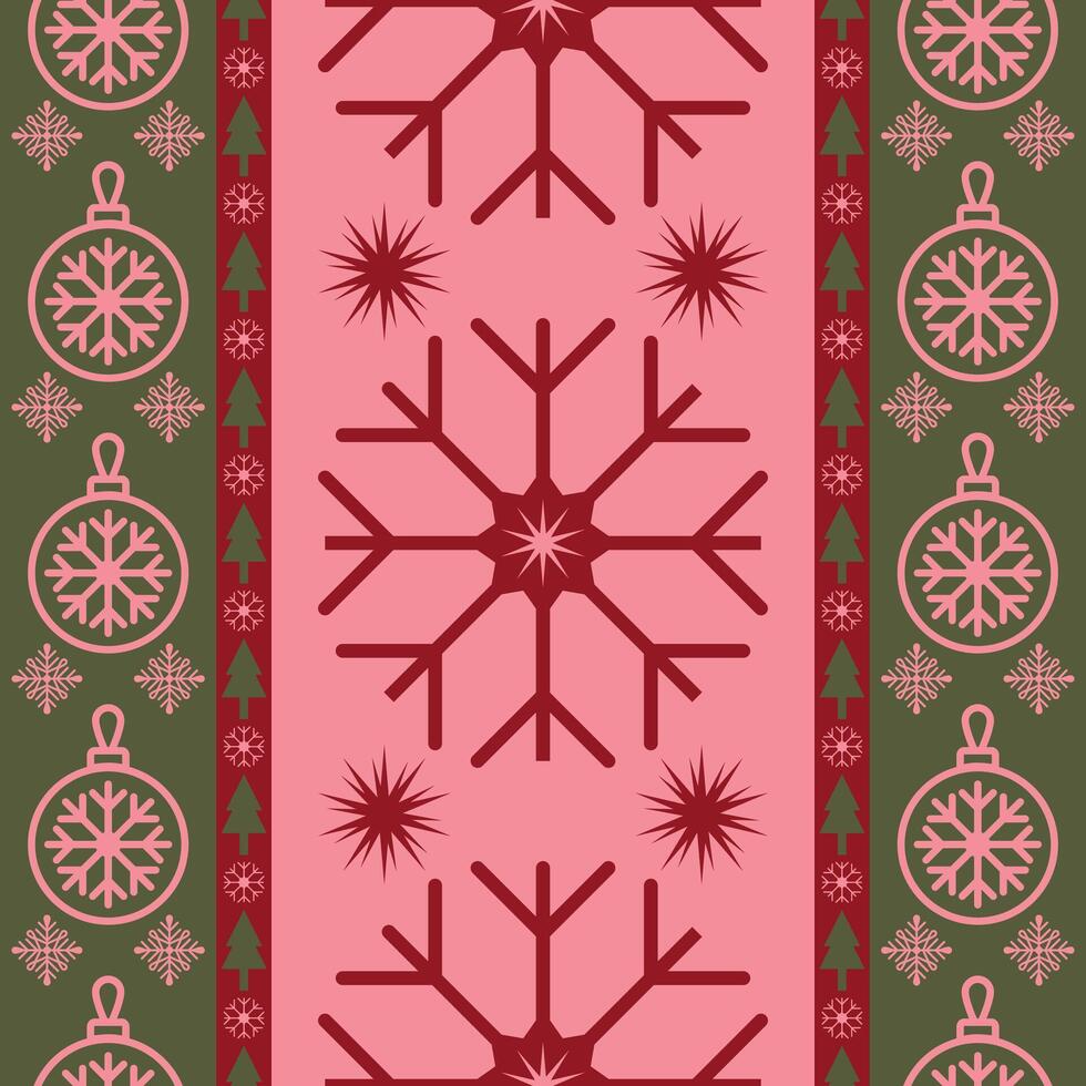 Charming seamless Christmas pattern featuring large red snowflakes, star shapes, and ornaments on a pink and green background, perfect for holiday decor, greeting cards, and cheerful seasonal designs vector