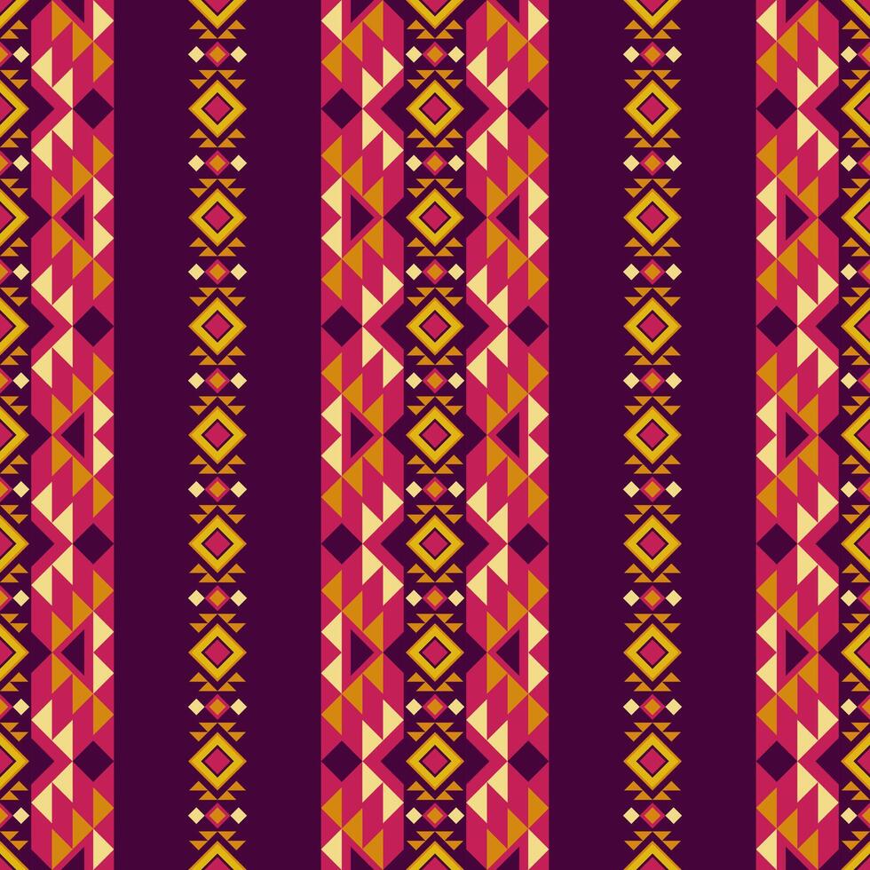 Tribal pattern with geometric motifs and Southeast Asian style, red, purple, yellow tones ideal for home textiles, kilim rugs, and wallpapers, inspired by Navajo and Aztec traditional designs vector
