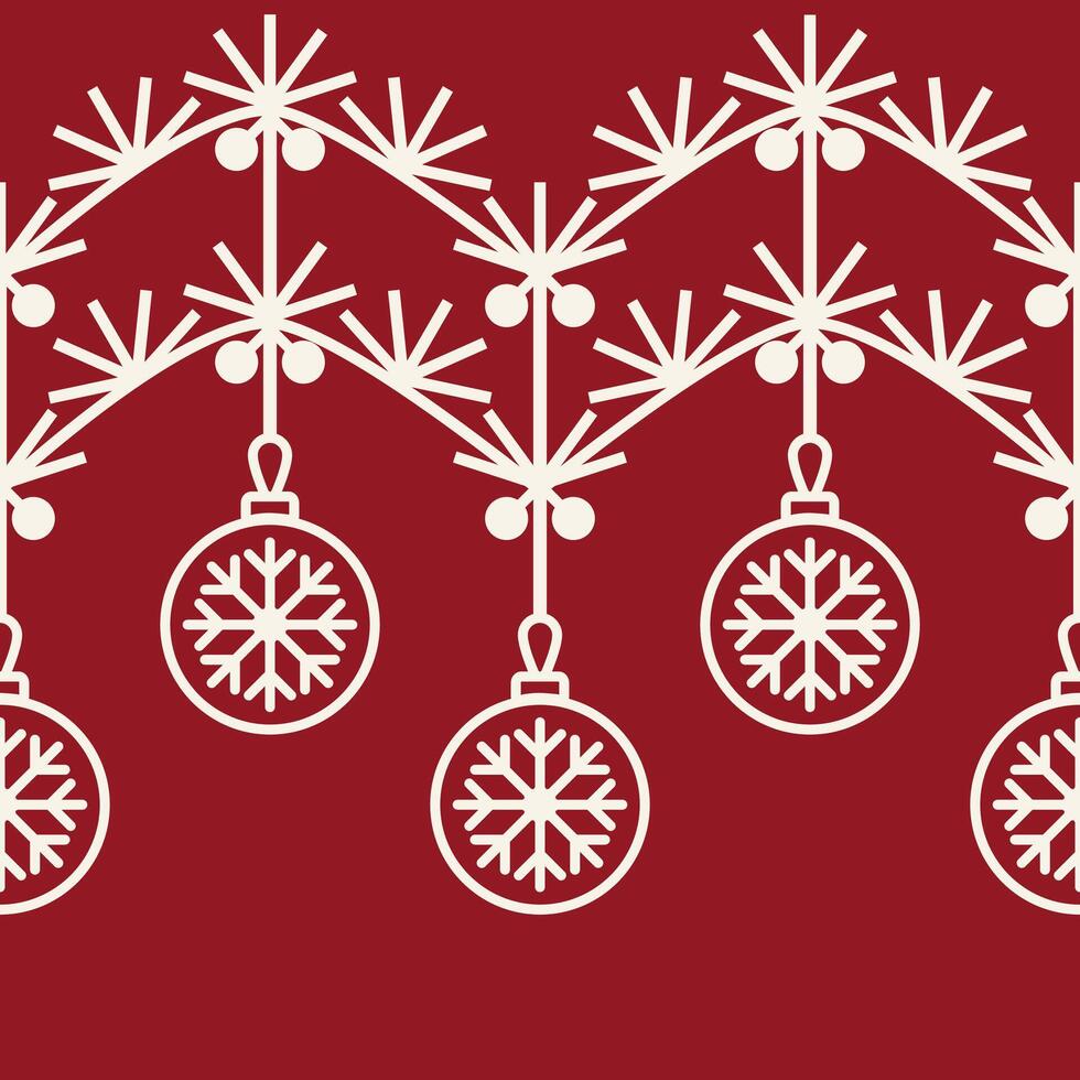 Charming Christmas garland pattern with snowflake ornaments on a deep red background, a minimalist holiday design suitable for seasonal decor, festive wallpaper, and holiday wrapping paper vector