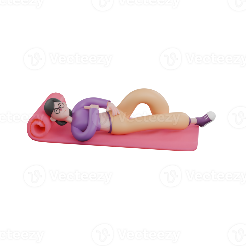 3D Dance Performer Character. A female dancer lies on a mat with her hands above her body, eyes closed with a peaceful expression. Performance Artist png