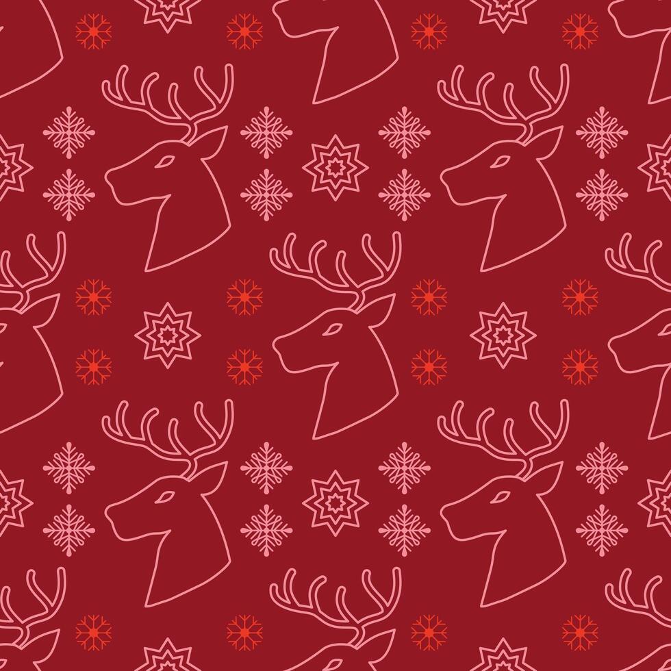 Seamless holiday pattern with pink reindeer head ornaments, snowflakes, and stars on a red background, perfect for Christmas decor, holiday wallpaper, wrapping paper, and cheerful seasonal design vector
