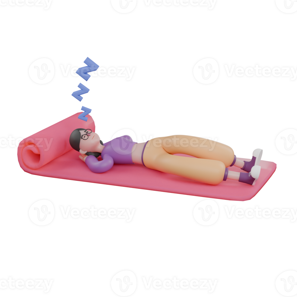 3D Cartoon Dance Performer. A female dancer lies on a mattress with her hands behind her head, eyes closed with a light sleeping expression. Animated Design png