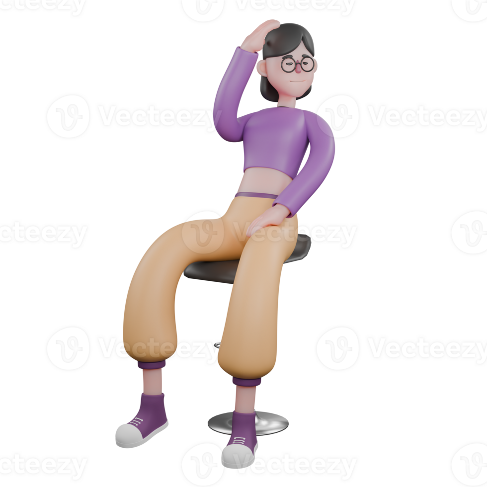 3D Cartoon Dance Performer Artist. A female dancer sits on a chair with her left hand above her head and her right hand on her knee with a smiling expression. Performance Talent png