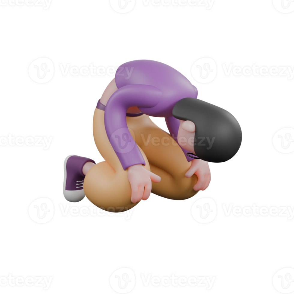 3D Dance Star Performer Model. A female dancer kneels on the floor with her head on her knees, hands on her knees with an expression full of sadness. Animated Character png