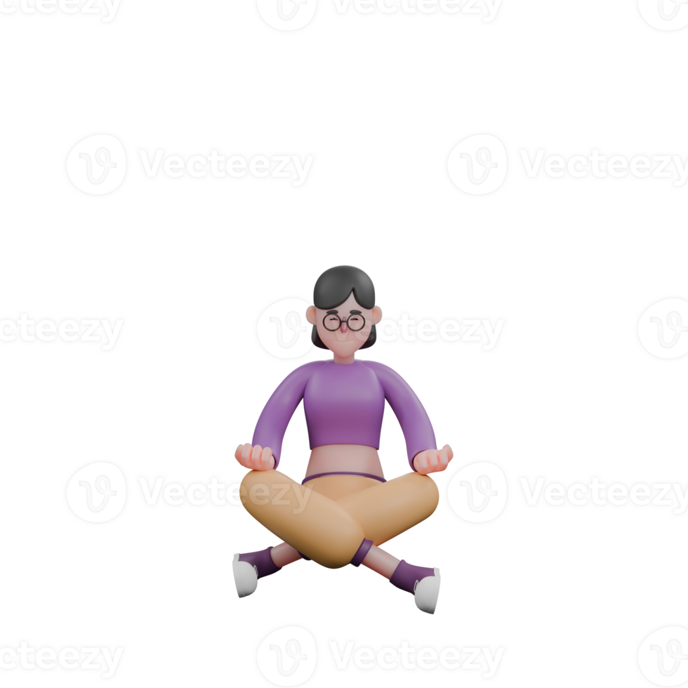 Cartoon Dance Artist in 3D Design. A female dancer sits cross-legged on the floor with her hands on her knees, eyes closed with a meditative expression. Performer Model png