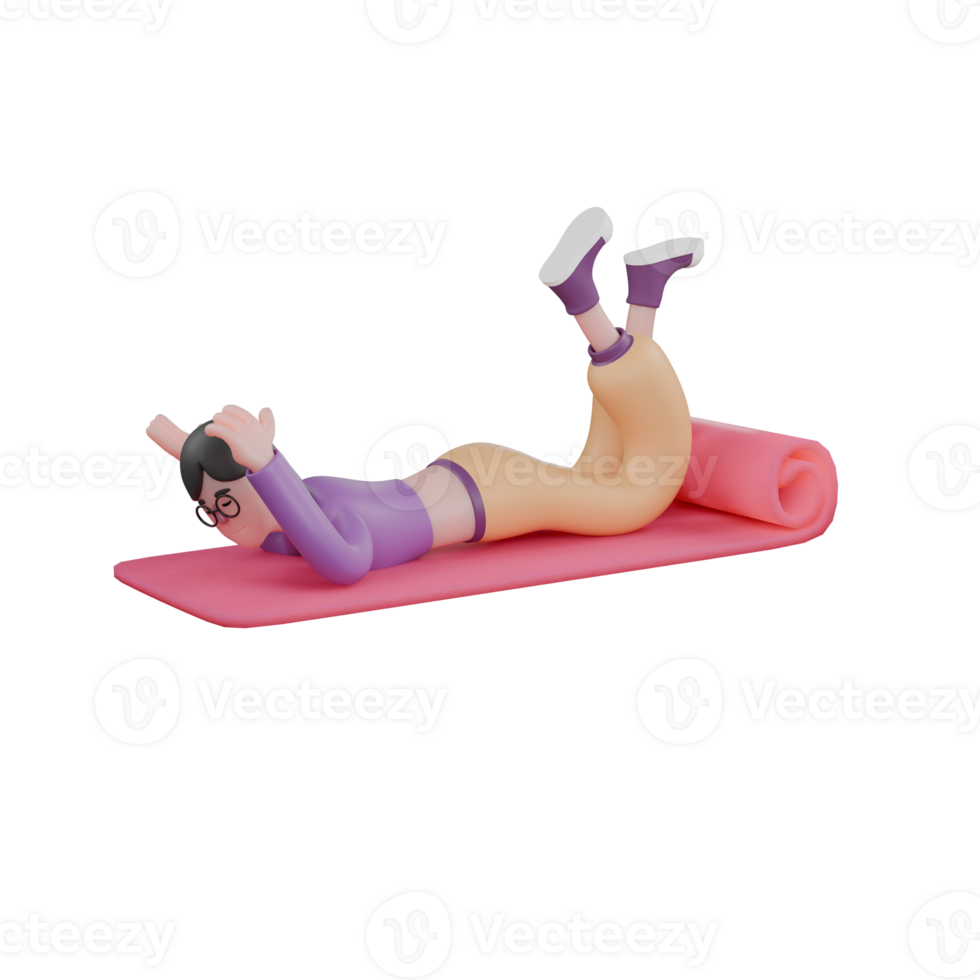 3D Cartoon Dance Performer Star. A female dancer lies face down on the mat with her hands above her head, an expression of not wanting to be disturbed. Performer Character png
