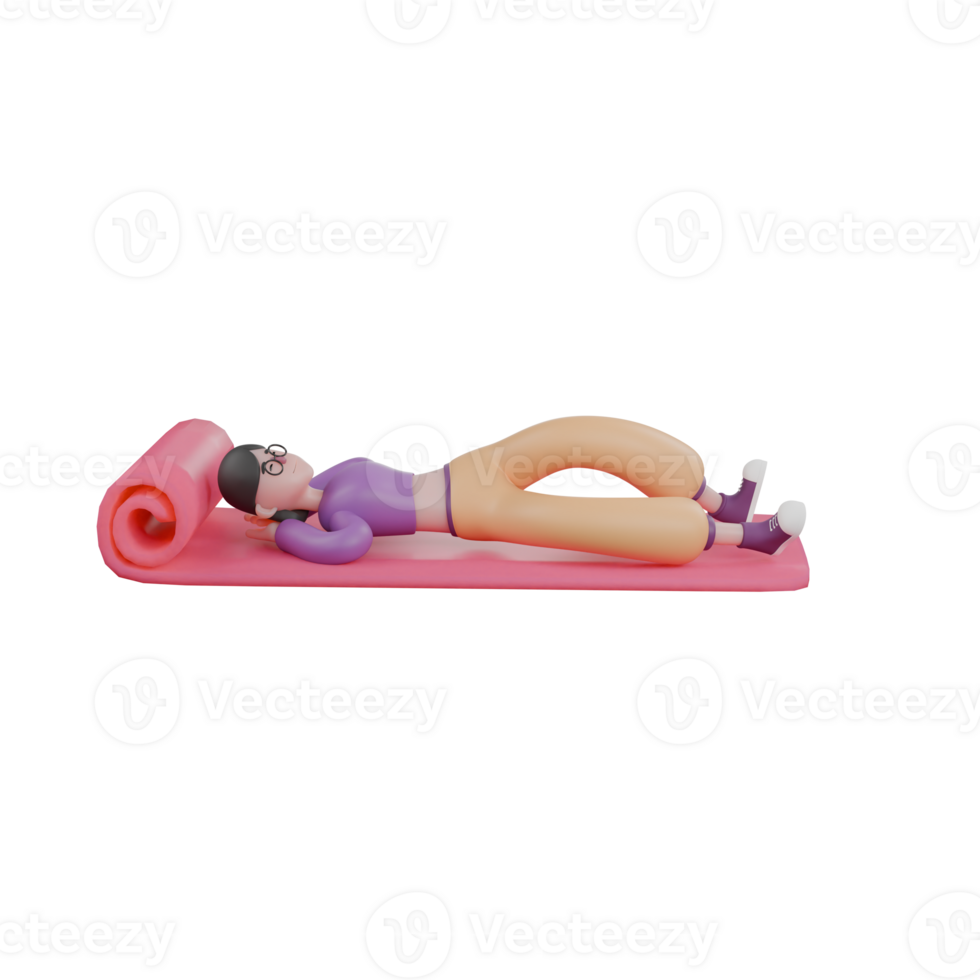 Dance Star in 3D Cartoon Style. A female dancer lies on a mattress with her hands behind her head with a peaceful expression. Animated Talent png