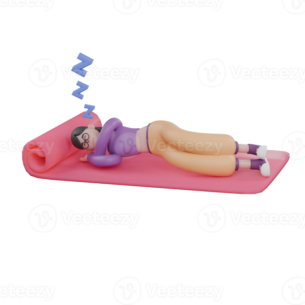 Dance Performer Character in 3D. A female dancer sleeps on her side on a mattress with her hands under her cheek with a comfortable and calm expression. Performer Artist png