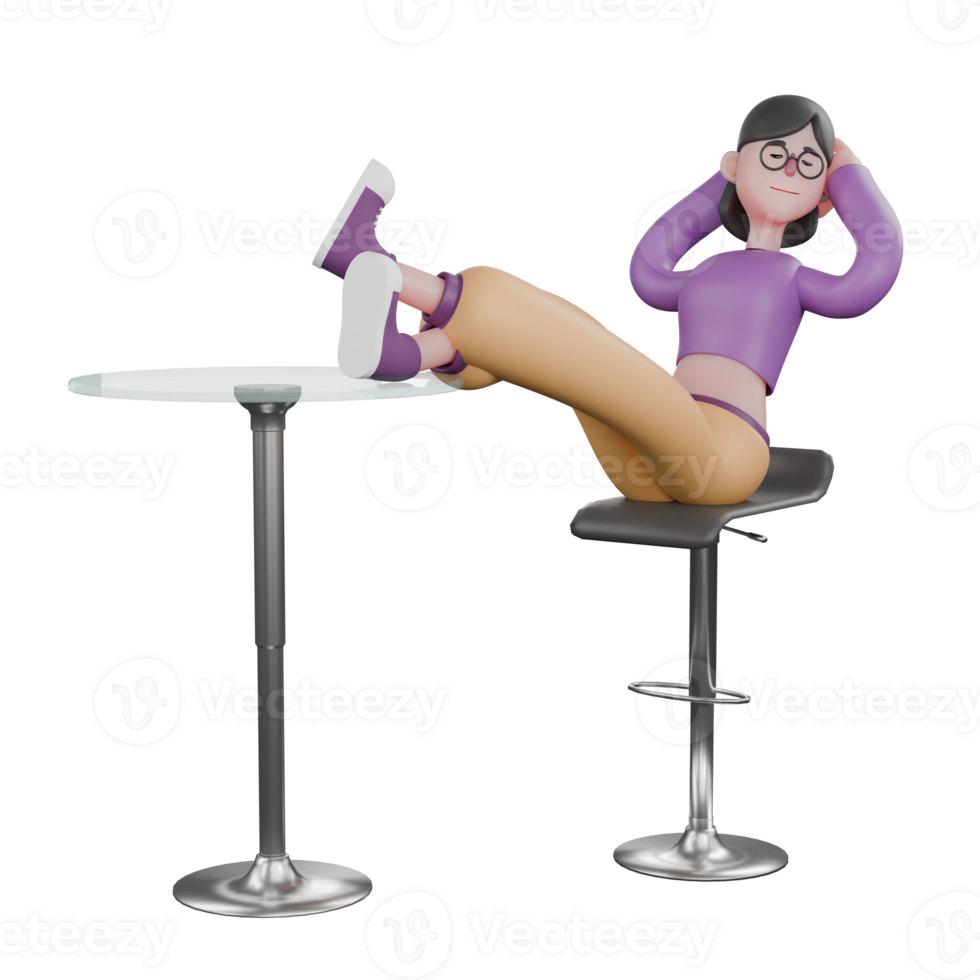 Dance Artist 3D Model. A female dancer sits on a chair with her feet on a table, hands behind the head with an expression of indifference. Animated Talent png