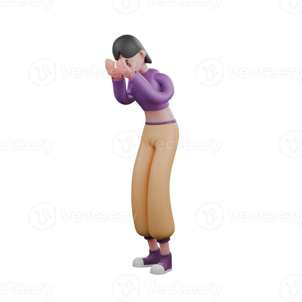 Cartoon Dance Star 3D Character. A female dancer stands with her hands on her face, shoulders down with a sad expression. Performer Model png