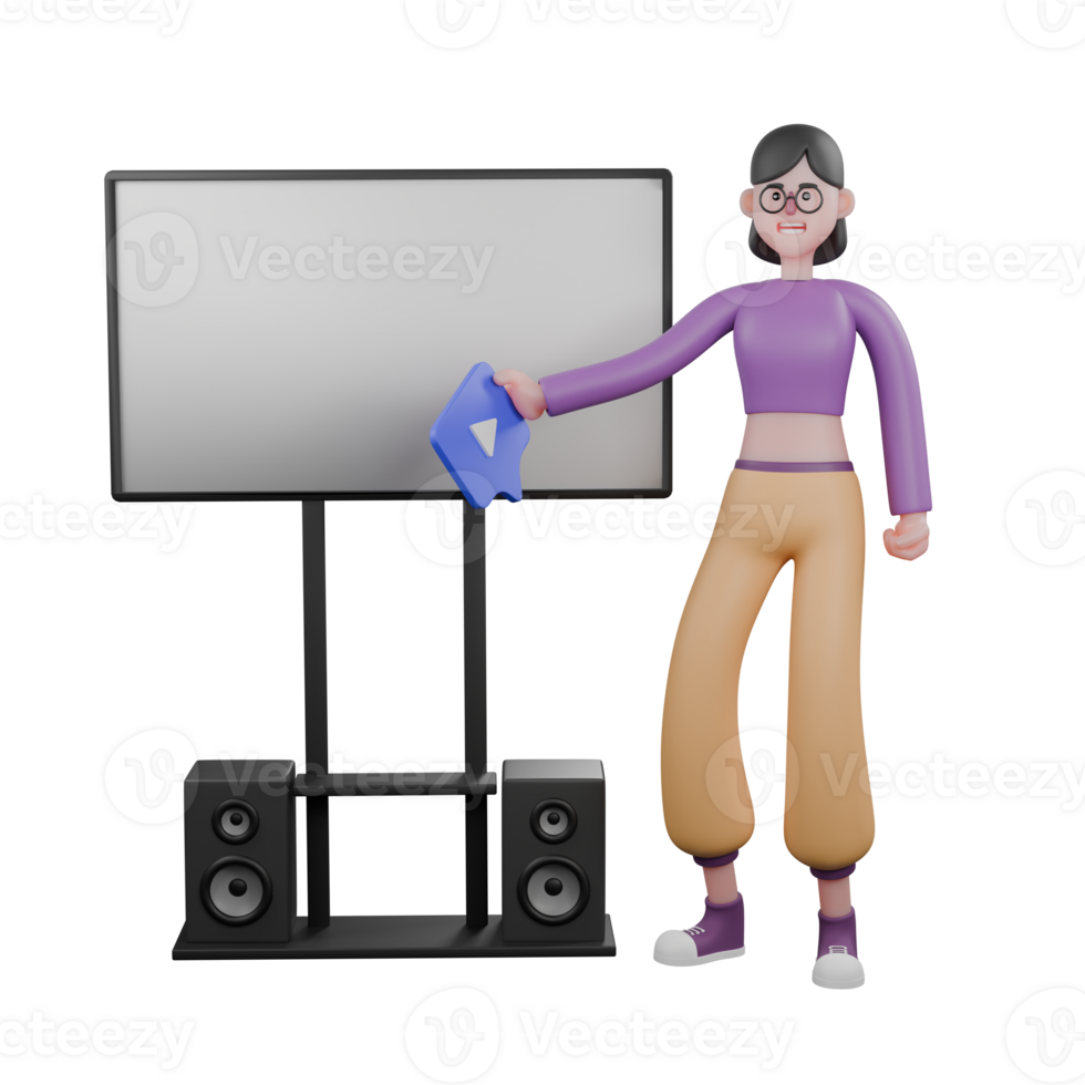 Dance Star 3D Model. A female dancer stands beside a large screen that has speakers on a stand and holds a play icon in her hand. Performer Design png