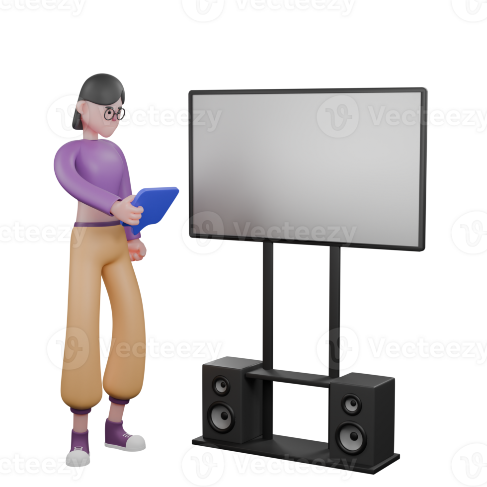 Cartoon Dance Performer in 3D. A female dancer stands beside a large screen that has speakers on a stand and holds a play icon in her hand with a focused expression. Dance Artist png