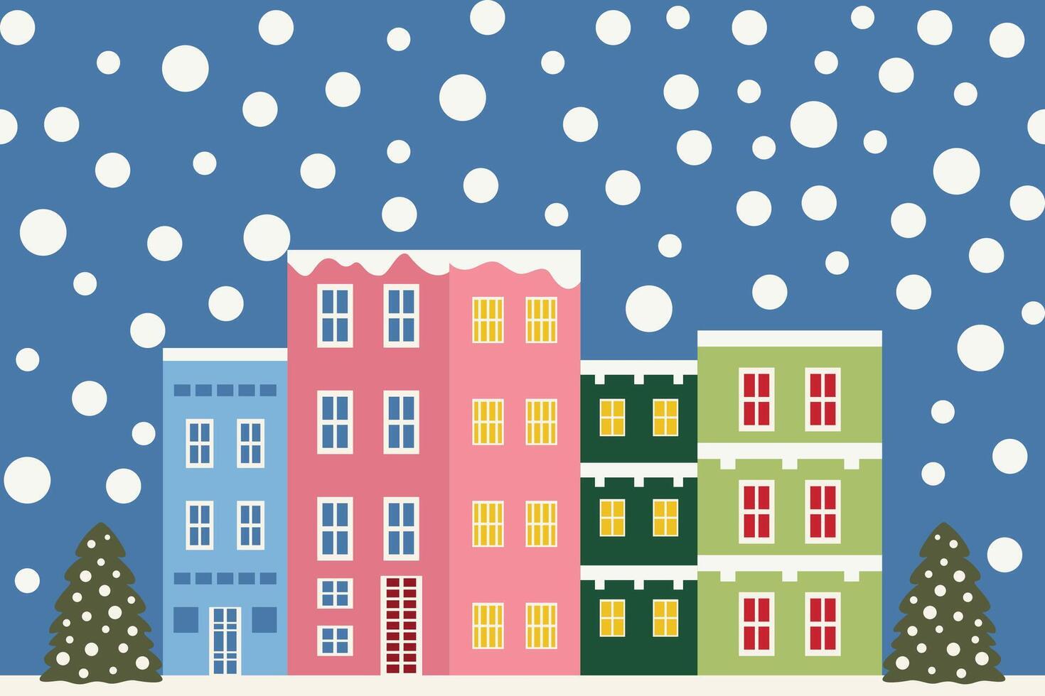 Background illustrations for holiday scenarios. a snowy landscape with Christmas tree and snowfall, a festive city buildings with holiday lights, cozy winter holiday inviting scenes outdoor settings vector