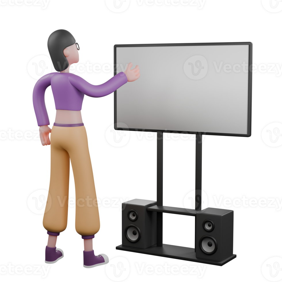Dance Performer in 3D Cartoon Style. A female dancer stands in front of a large screen and points to the large screen with her left hand. Performer Model png
