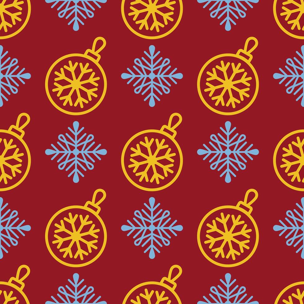 Christmas pattern with snowflake and light balls ornaments seamless patten on a deep red background, holiday decor, wrapping paper, and cheerful seasonal design, greeting cards, winter projects vector