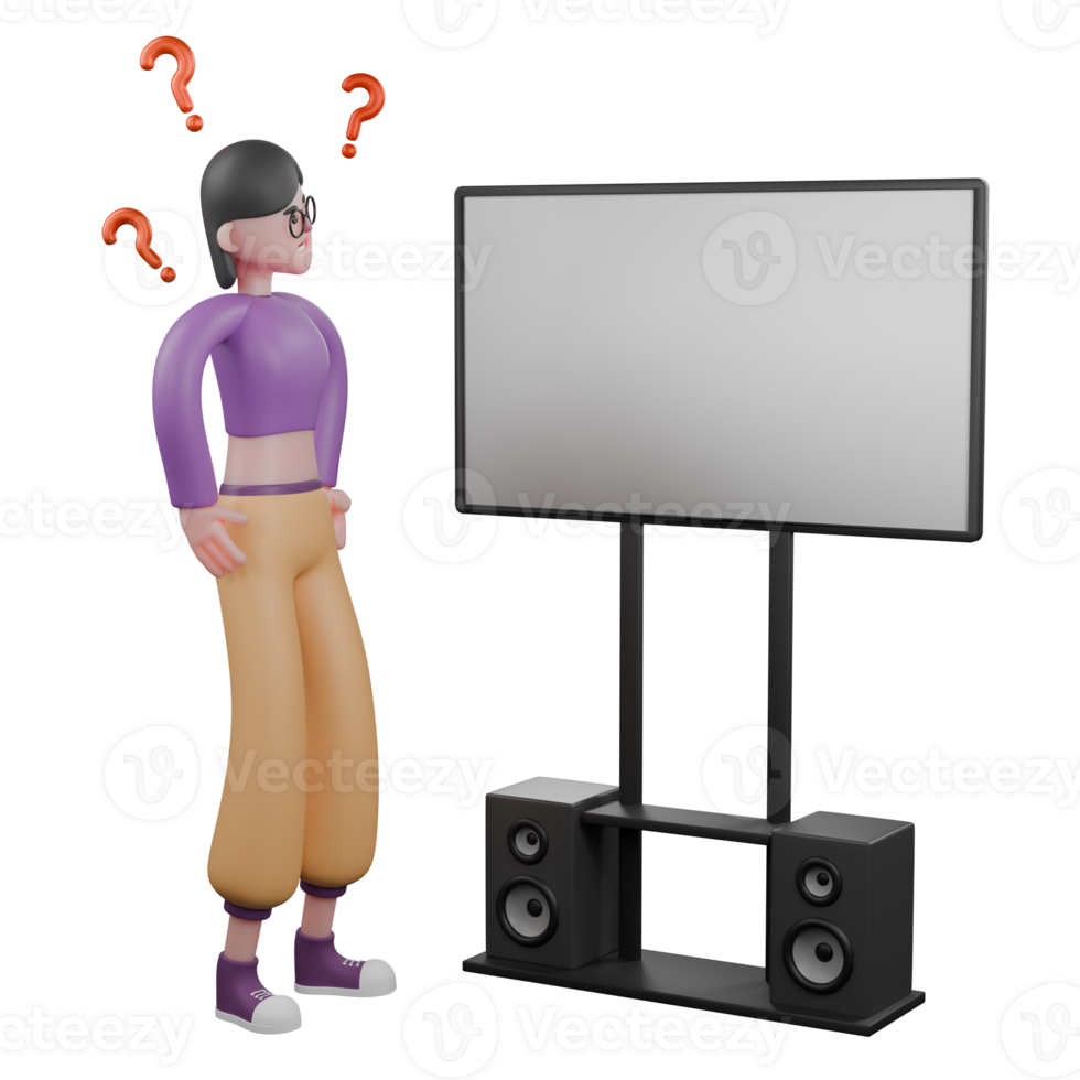 3D Dance Artist Performer. A female dancer stands with her hands on her waist looking at a large screen with a thoughtful expression. Animated Talent png