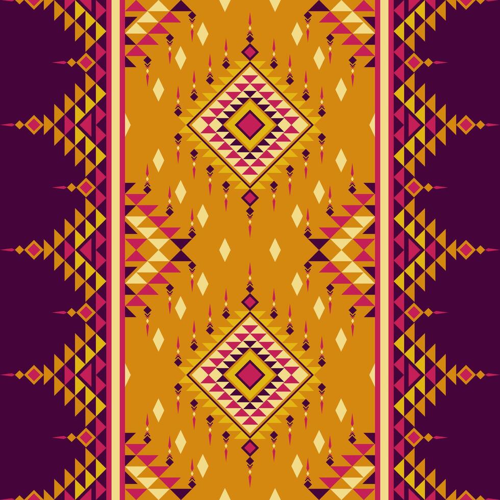 Southeast Asian tribal pattern Navajo Aztec motifs in purple, red, and yellow, perfect for textiles, wallpapers, home decor, and more, capturing timeless cultural heritage and geometric designs vector