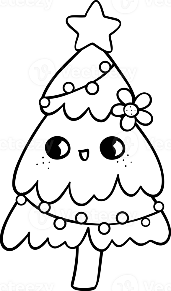 Groovy Retro Christmas Tree Coloring Image Decorated cartoon doodle hand drawn png