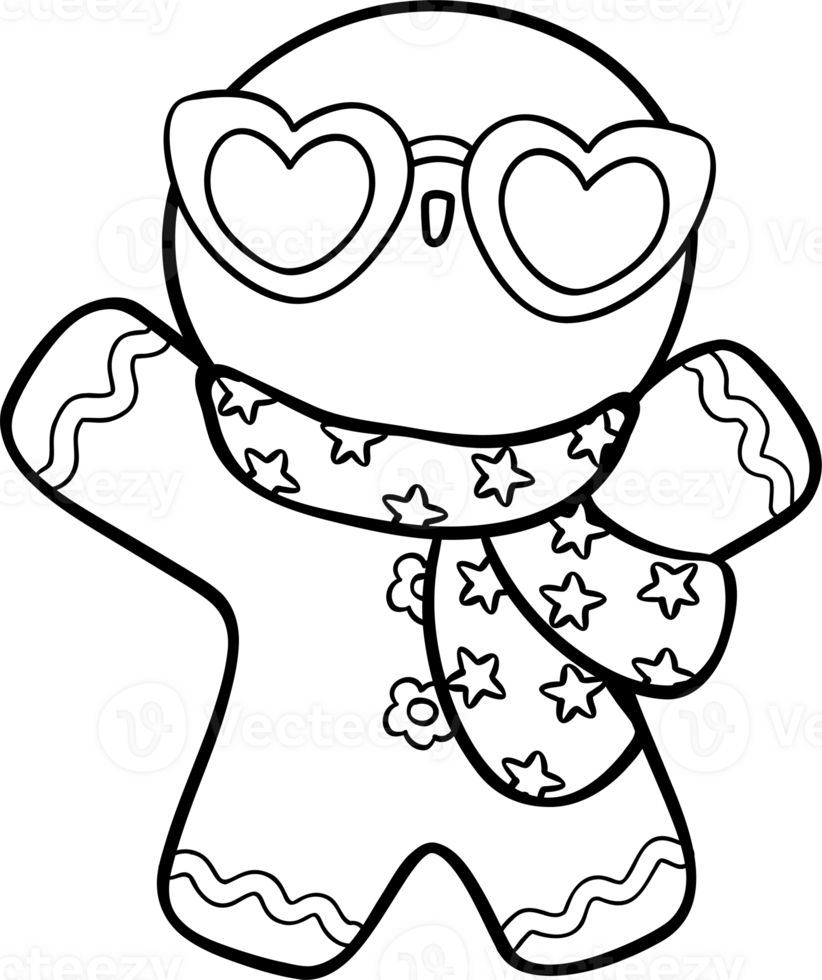Groovy Retro Christmas Gingerbread man Coloring Image with heart glasses cartoon doodle hand drawn png