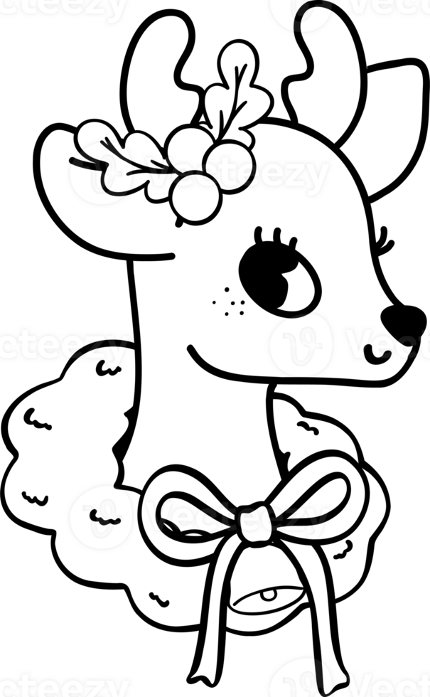 Cute Retro Christmas Reindeer Coloring Image Illustration with Holiday Wreath png